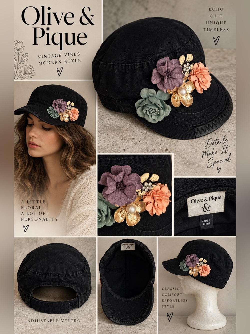 Olive & Pique Black Floral Trucker Cadet Hat Embellished Adjustable Boho